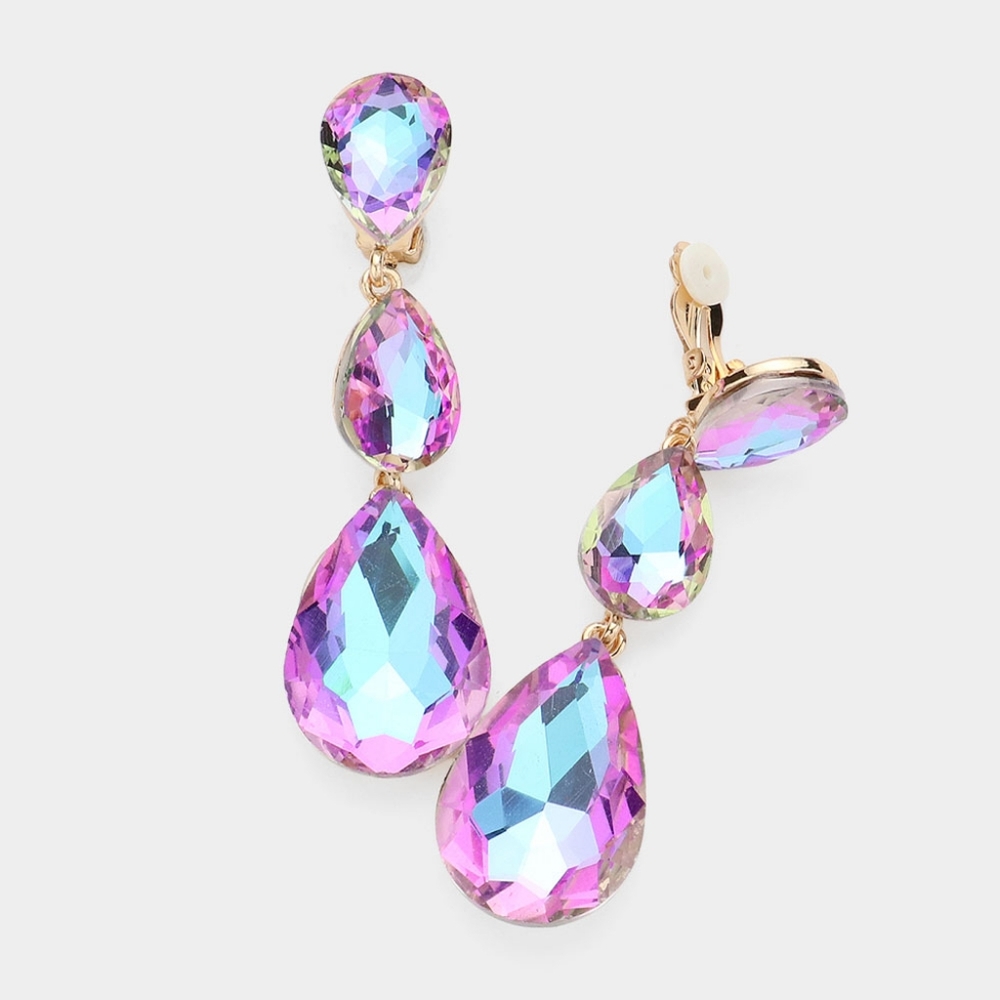 Violet Dangle Crystal Clip On Earrings 3 Inch Triple Tear Drop ClipOns Jewelry